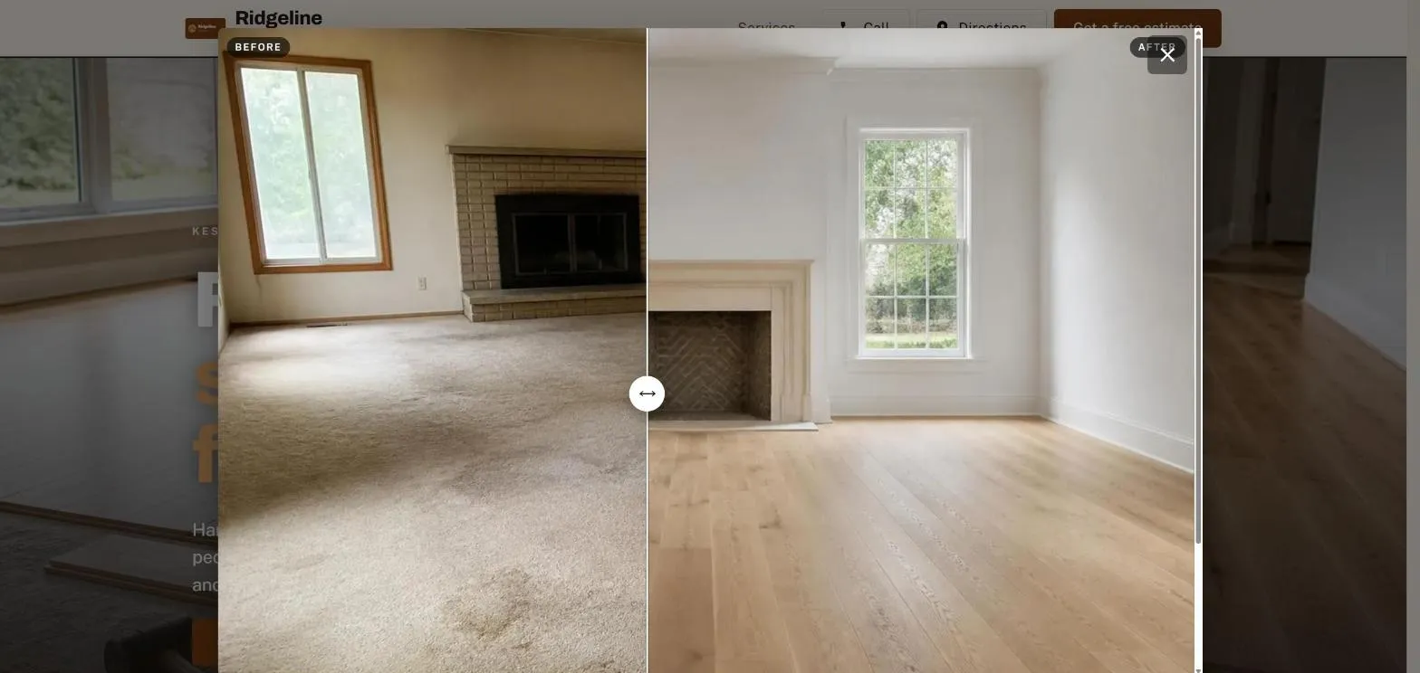 A lightbox with a drag handle part way across a living room: worn carpet on the left, new white oak on the right