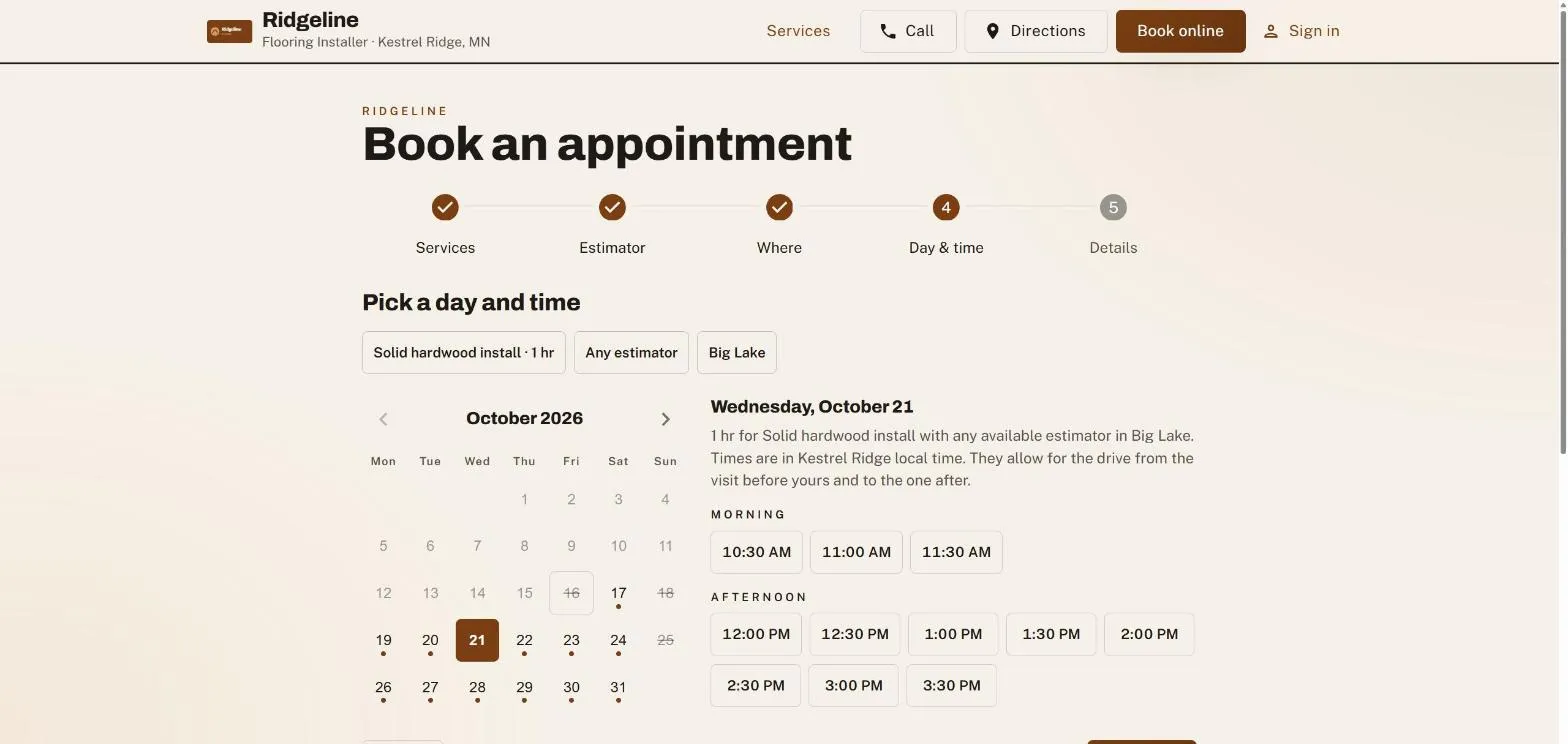 The Book an appointment page at the day and time step, a Big Lake chip among the choices and open morning times beside the calendar