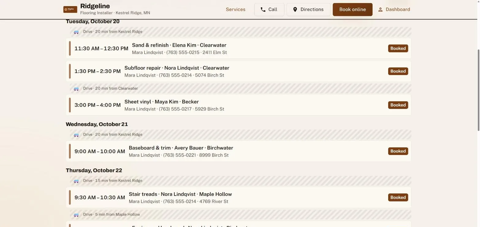 The owner’s bookings for a week, each visit with a town and a hatched Drive strip giving the minutes from the previous stop