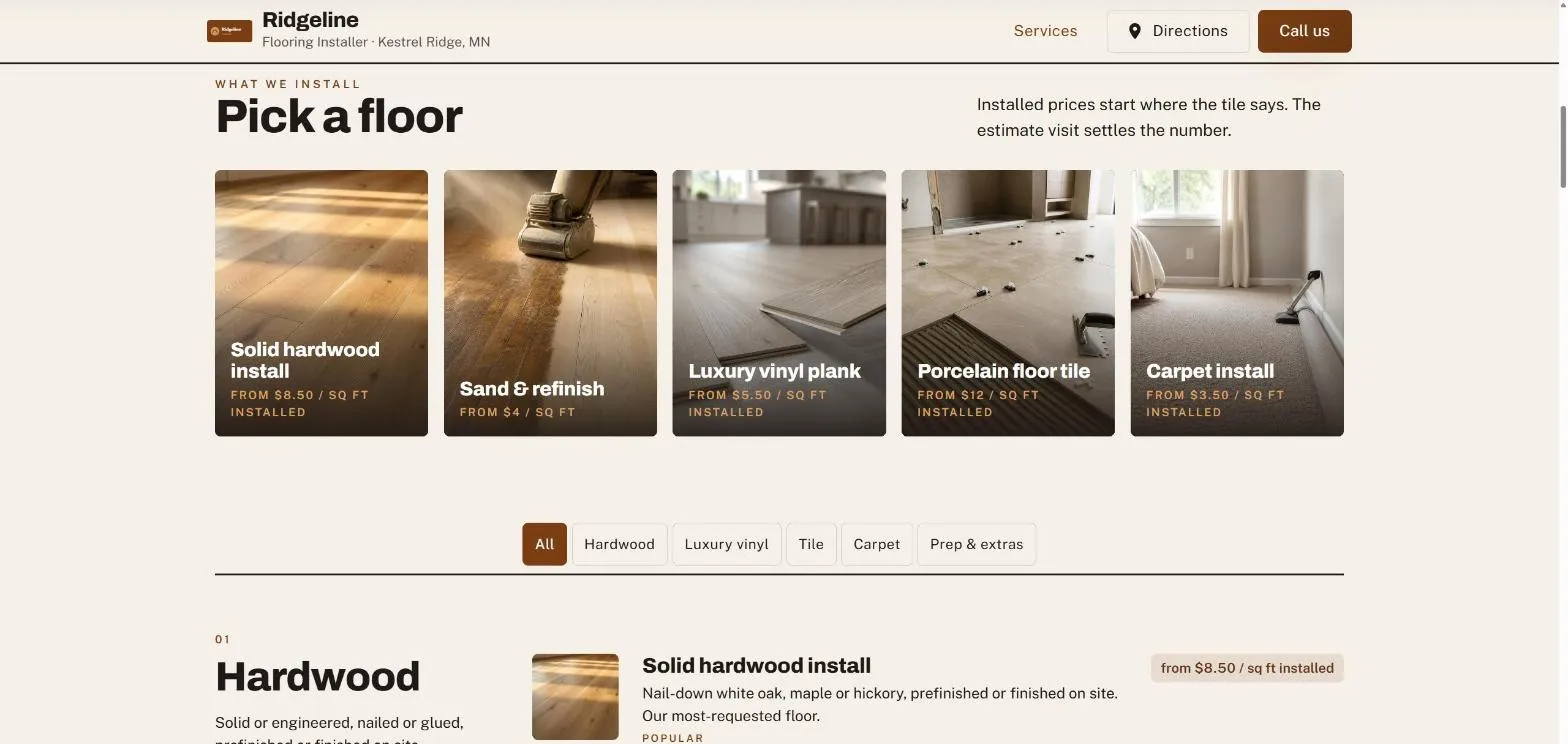 Five floor photo tiles under Pick a floor, with the Hardwood services listed below with their installed prices