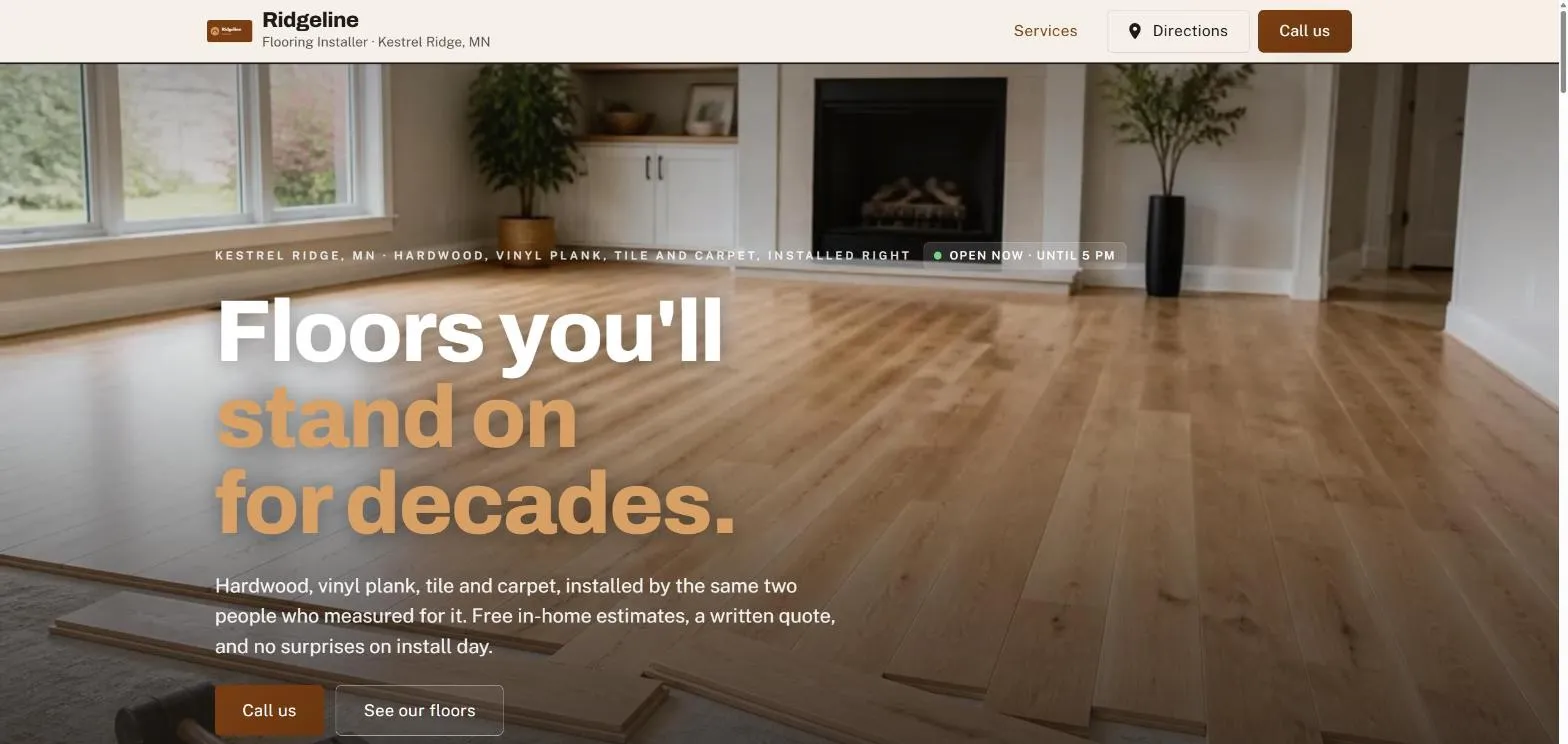 The Ridgeline Floors home page: a heavy headline over a photo of oak planks mid-install, with a Call us button