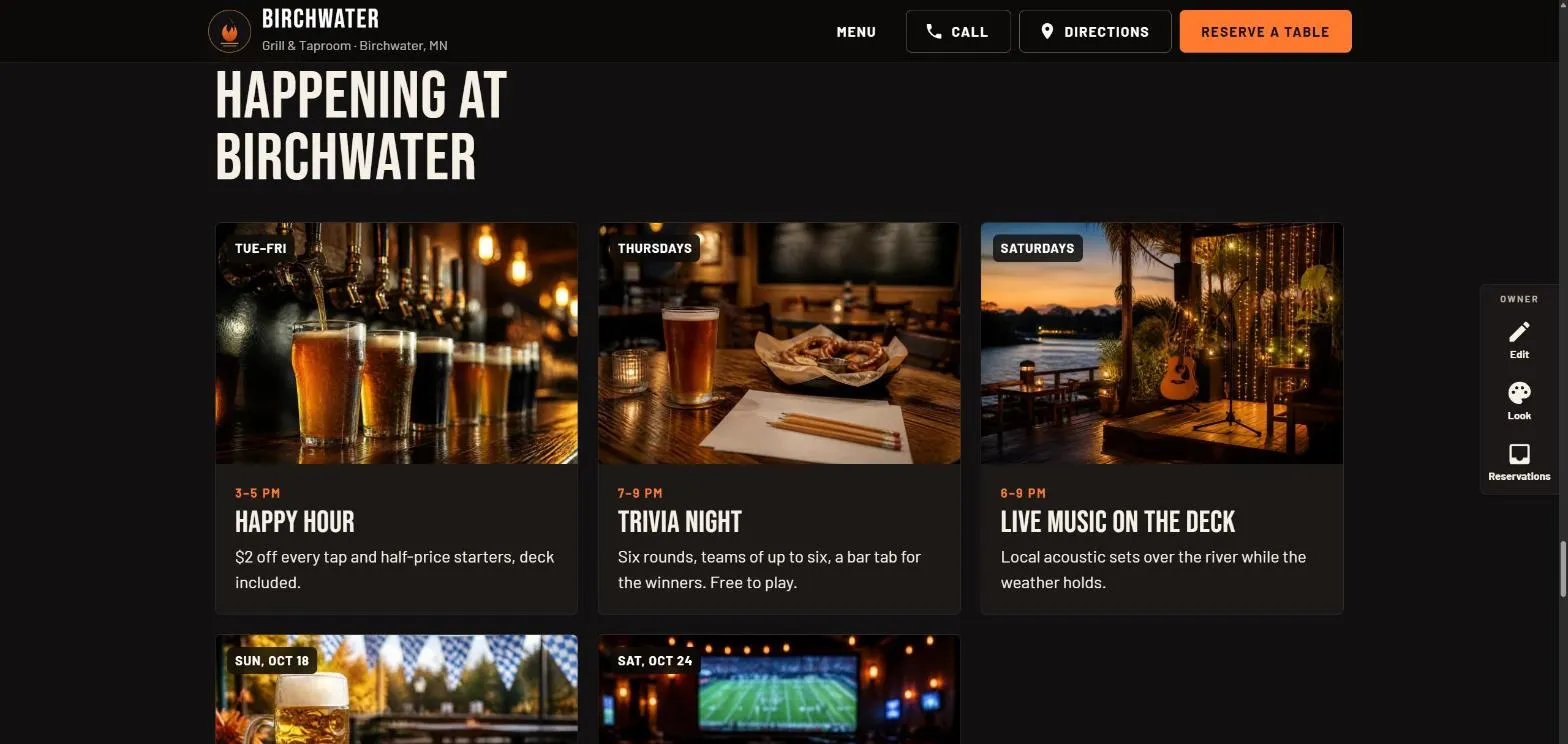 The Happening at Birchwater events board with happy hour, trivia night, live music and two one-off events