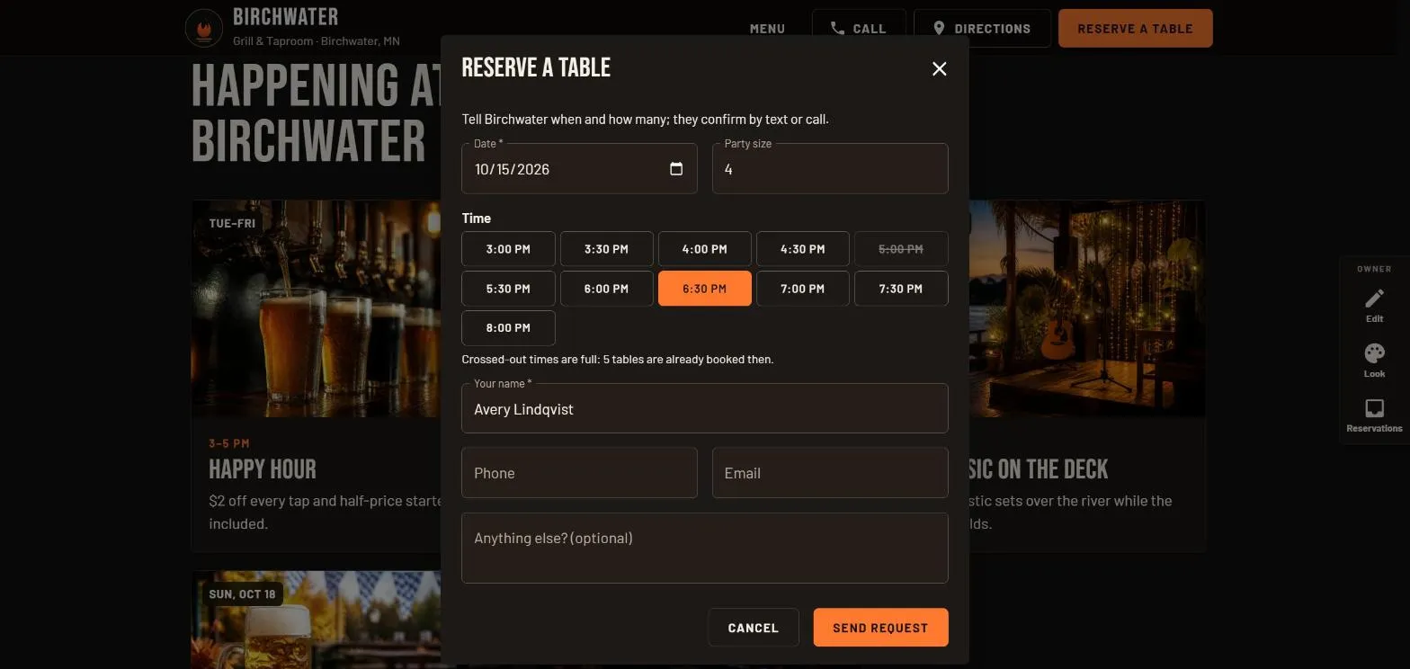 The Reserve a table form with a date, a party size, a row of time buttons and a 5:00 PM slot crossed out as full