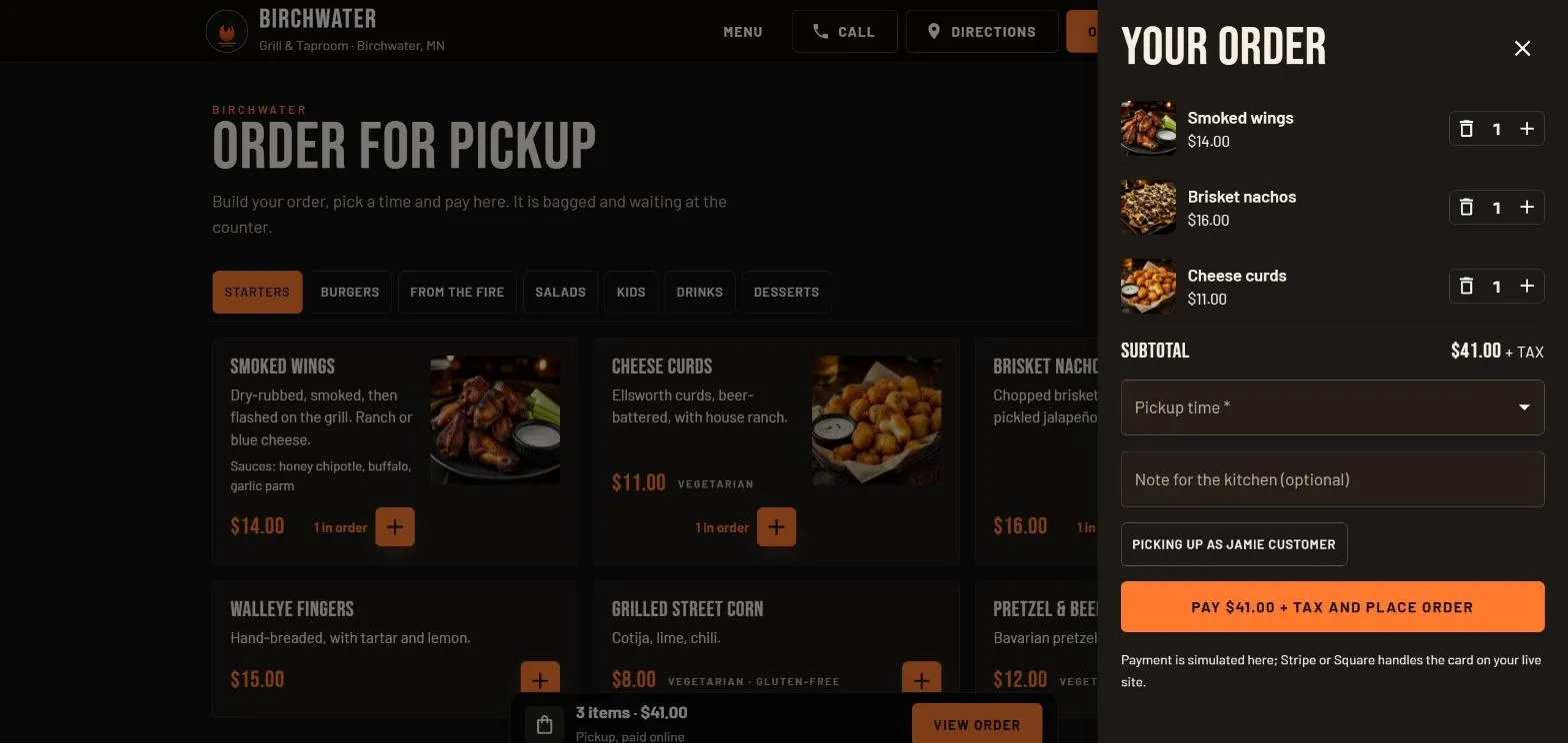 The Order for pickup page with three items in the order drawer, a pickup time and a pay button