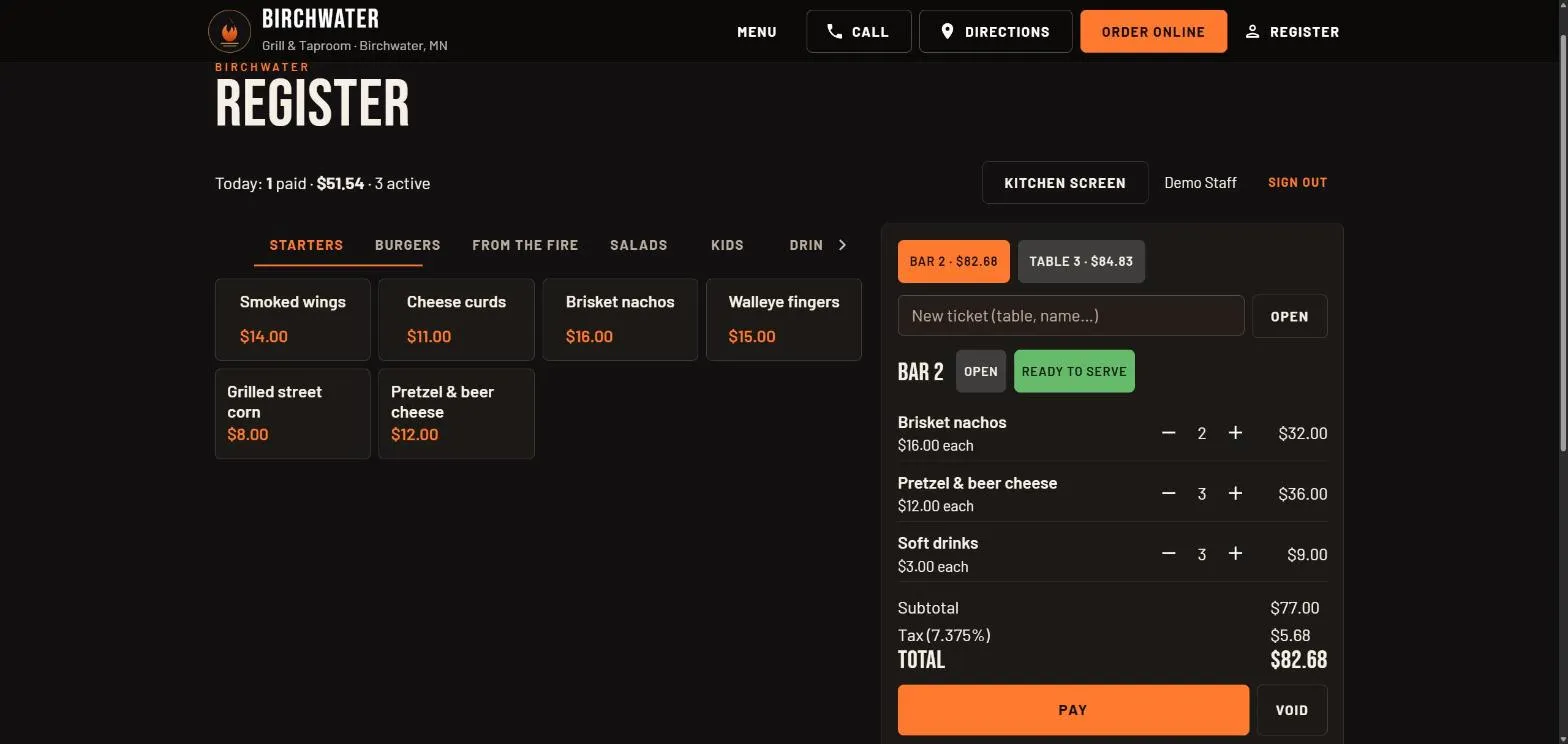 The register with the menu on the left and an open Bar 2 ticket of three lines, tax, total and a pay button on the right