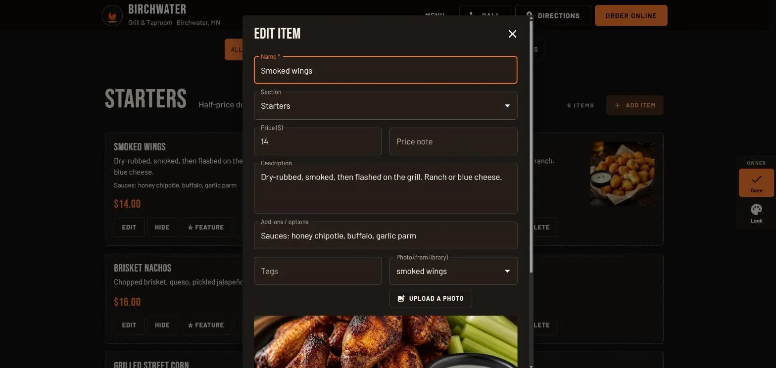 The Birchwater menu in edit mode, with the editor open on the smoked wings item