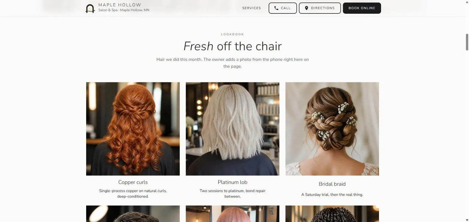 The Fresh off the chair lookbook: copper curls, a platinum lob and a bridal braid, each captioned, with the next row starting below