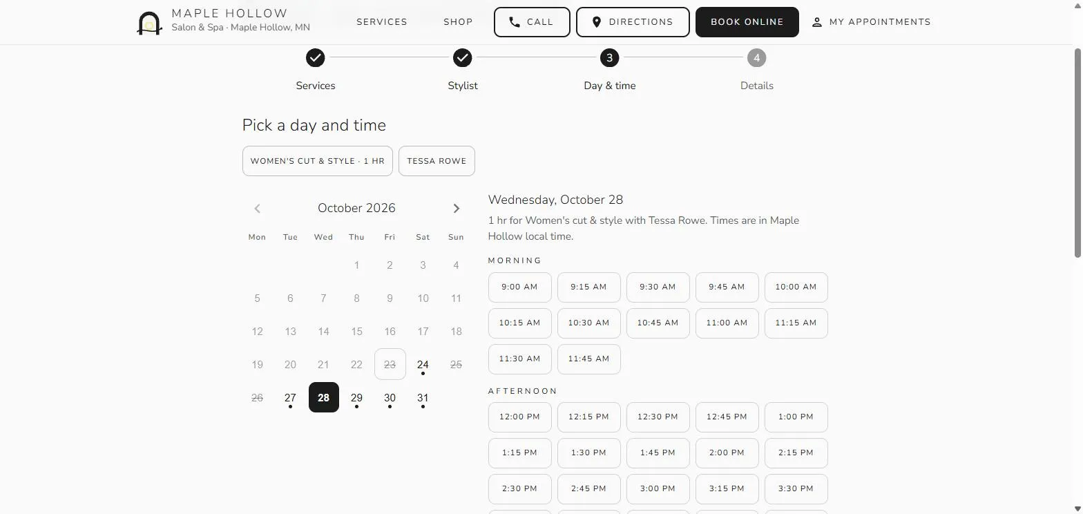 The Book online page at the day and time step: a calendar with Wednesday the 28th chosen and the morning and afternoon open times beside it