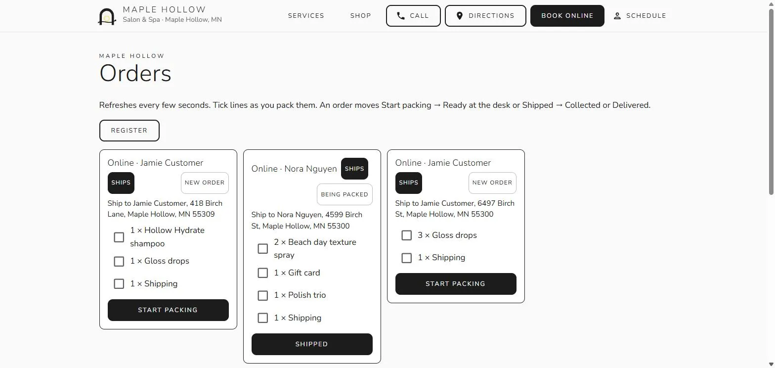 The staff Orders board with three online orders to ship, each with its address, its lines to tick off and a Start packing or Shipped button