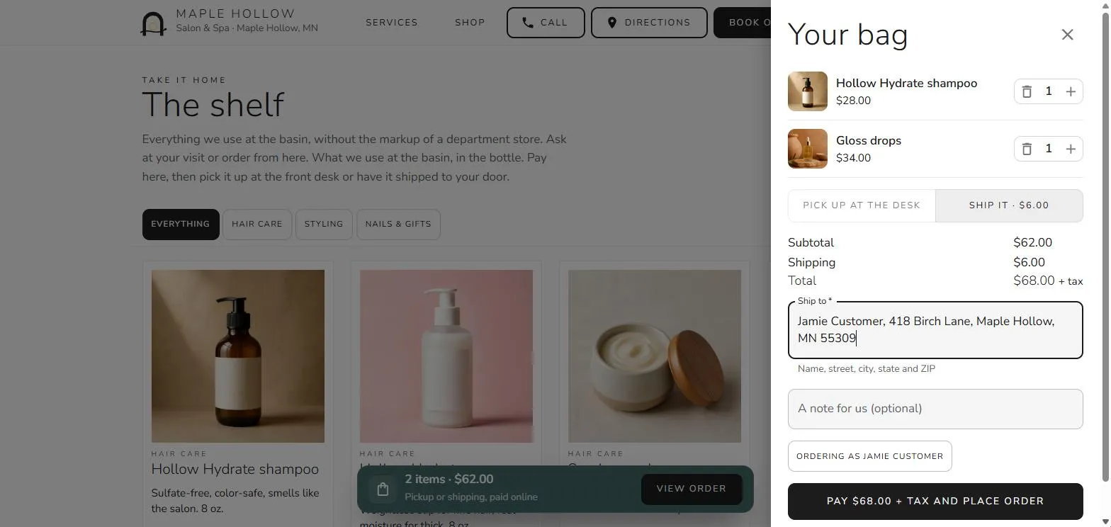 The shelf page with the bag open over it: two products, the Ship it option, a shipping address and a pay button