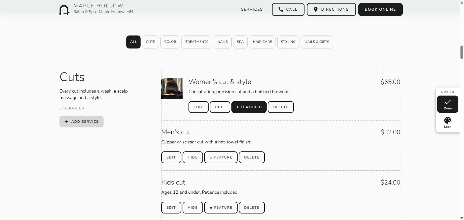 The Maple Hollow Cuts list in edit mode, with Edit, Hide, Feature and Delete under every service and an Add service button beside it