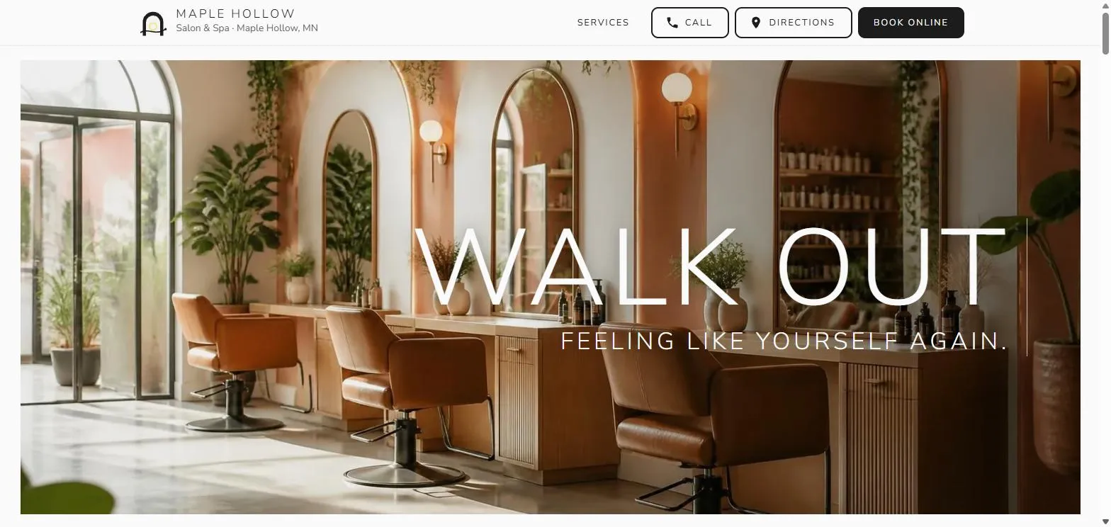 The Maple Hollow home page: a wide photo of the salon chairs with WALK OUT in thin capitals across it